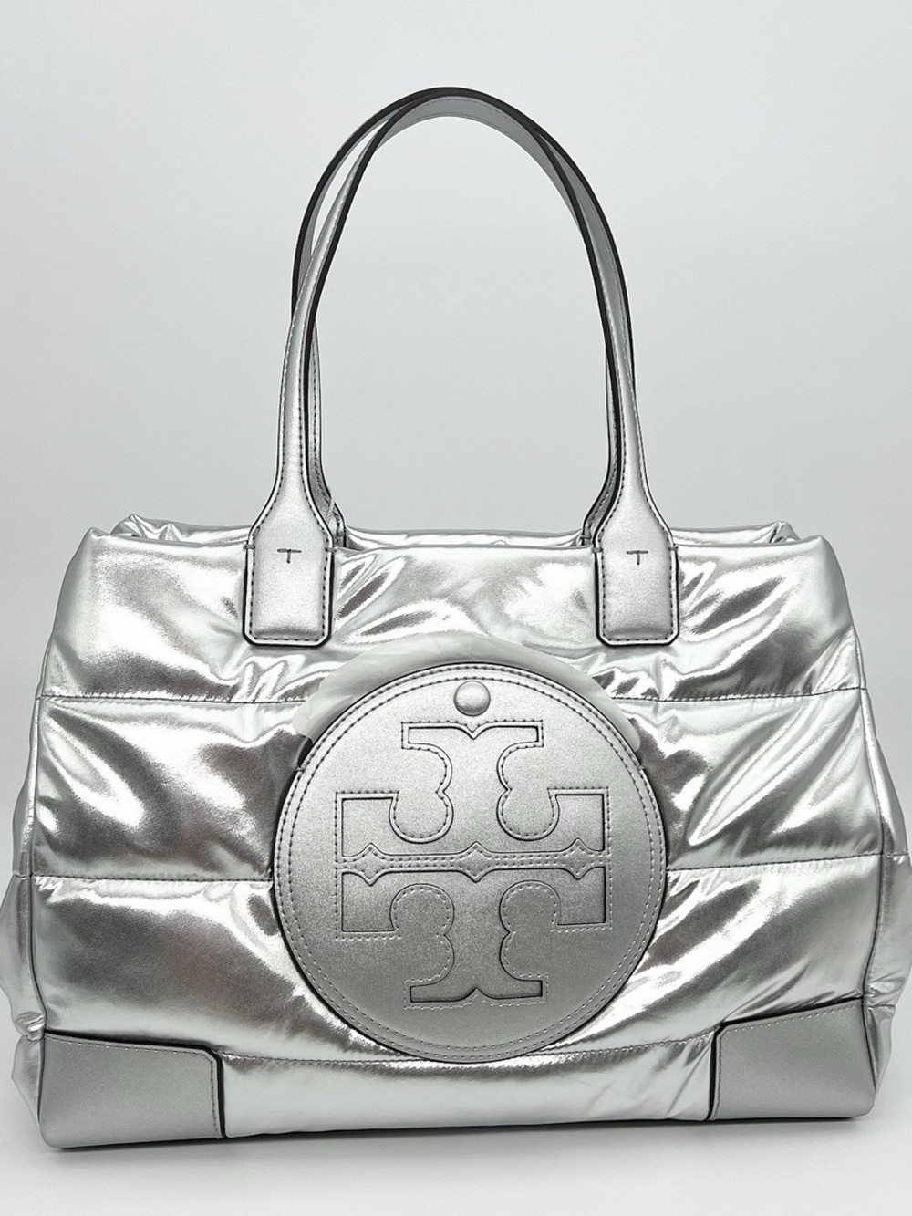 Tory Burch Puffer Ella Silver Metallic Tote Carry All Work Travel Bag - Picture 5 of 11
